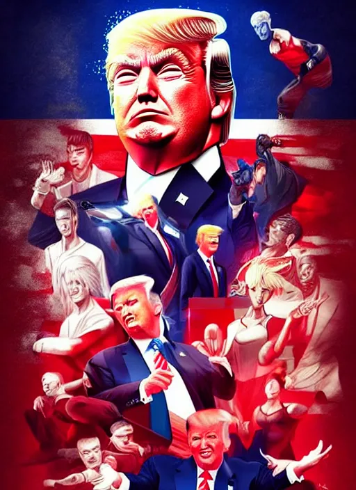 Image similar to donald trump!!!! martial artist!! movie poster, character concept art, sharp focus, octane render! unreal engine 5! highly rendered!! trending on artstation!! detailed linework!! illustration by artgerm, wlop, and chie yoshii