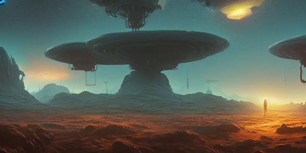 Image similar to an amazing alien landscape, digital art, breathtaking, extremely detailed, digital paintinghyperrealistic, dynamic lighting, particles, unreal engine, simon stålenhag, rendered by Beeple, Makoto Shinkai, syd meade, simon stålenhag, environment concept, trending on artstation, octane render, 4K UHD image