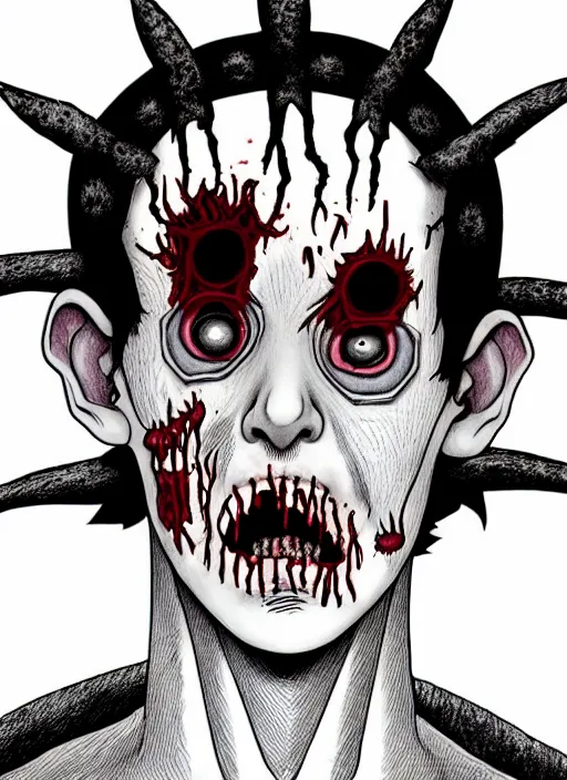 Image similar to junji ito style portrait of zombie teenage jughead jones wearing a light grey crown, zombie, crown, rotting skin, blind eyes, white eyes, crown, black hair, intricate, highly detailed, illustration, art by junji ito