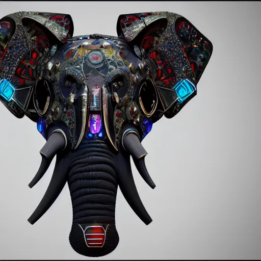 Image similar to never forget! futuristic elephant head, symmetrical, intricate black shaman ornaments, black oak patterns, iridescent reflection, mask big, mech mask, mecha - elephant, graphic design, black white grays and red color, subsurface scattering, cyberpunk, unreal engine, octane render