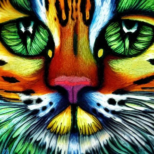 Image similar to colourful green man as a cat face by louis wain and william morris, extreme closeup, 8 k, artstation