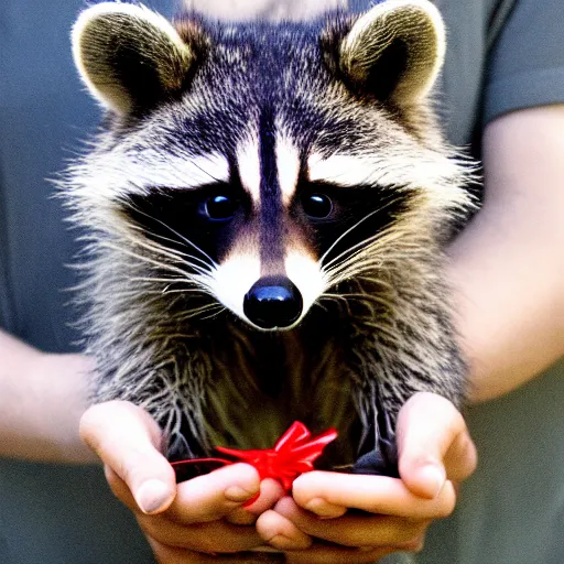 Prompt: a raccoon hold a gift in his hands