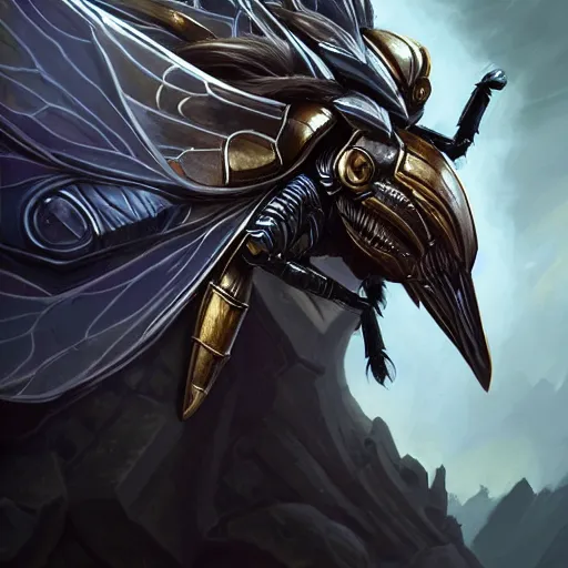 Image similar to portrait of humanoid wasp resembling a knight in black monstrous armor with two dragonfly wings, league of legends splash art, hearthstone splash art, full body shot, rule of thirds, ultrafine hyperrealistic detailed face, artgerm, greg rutkowski, trending on artstation, 8 k, intricately detailed, highly detailed