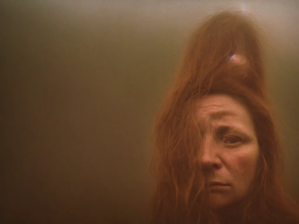 Image similar to close up portrait bust of woman, solemn expression, faded color film, russian cinema, tarkovsky, kodachrome, heavy forest, wood cabin in distance, long brown hair, old clothing, heavy fog, atmospheric haze, brown color palette, sunset, low light, hudson river school, 4 k, dramatic lighting