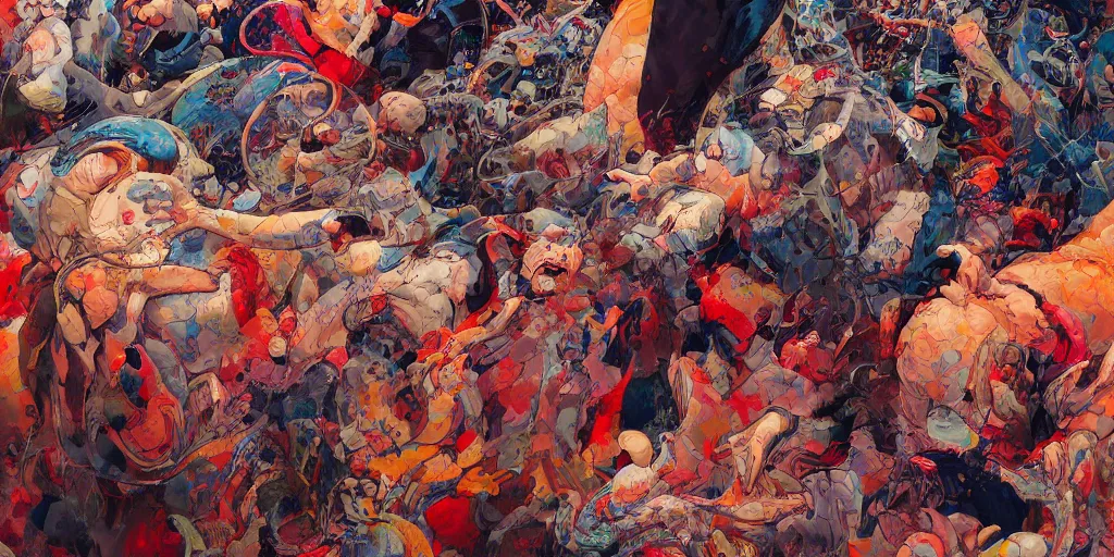 Image similar to highly textured oil painting modern art abstract exhibition with alot of people by james jean and katsuhiro otomo and erik jones, inspired by akira anime, smooth texture, intricate oil painting, high detail illustration, sharp high detail, long exposure