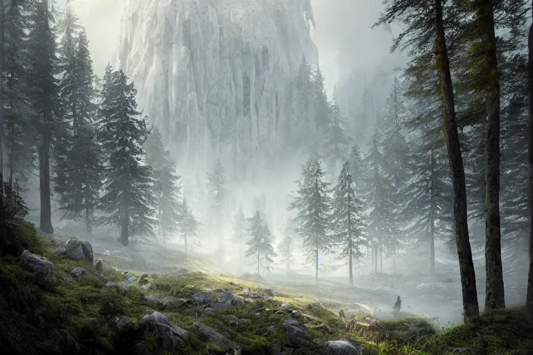 Prompt: beautiful swedish forest from the view of a mountain, misty, very detailed, landscape fantasy art, Octane Render, Ureal Engine, high detail, very realistic, by Greg Rutkowski. by James Gurney