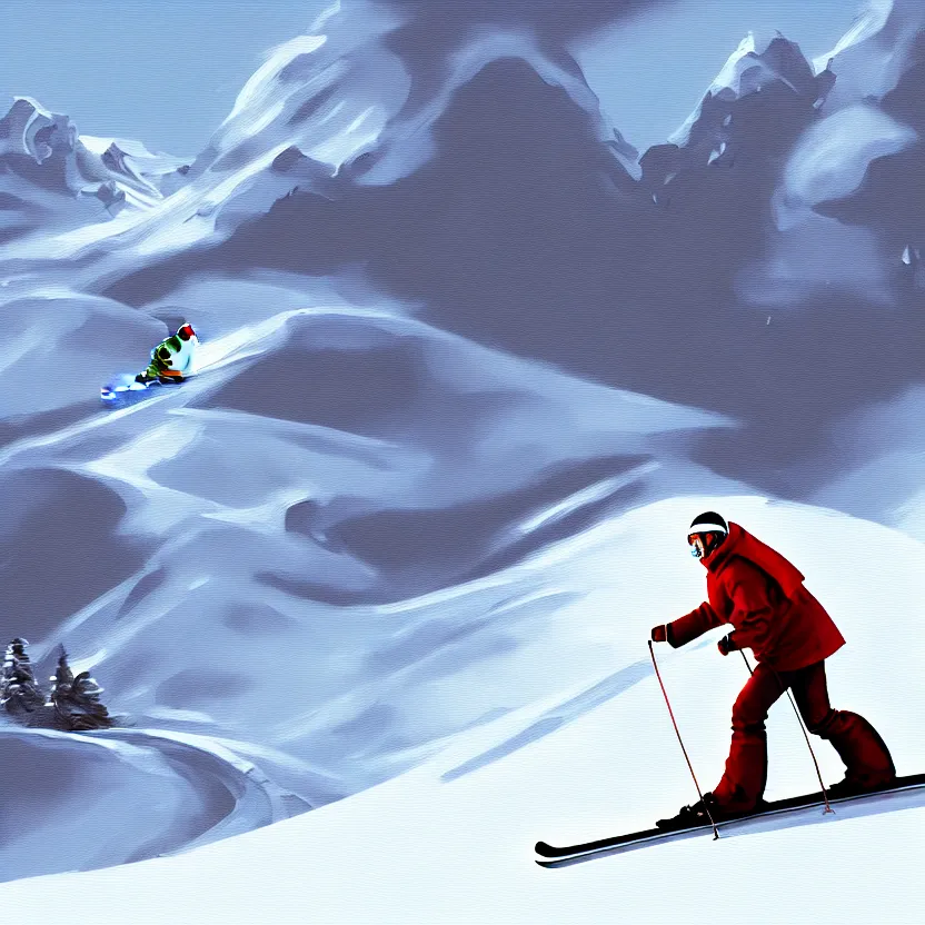 Prompt: pope skiing on a snowy mountain slope, digital painting, concept art, matte painting