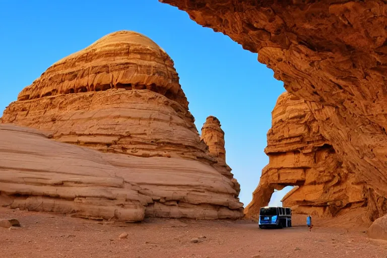 Image similar to A stunning landscape image of Mada'in Saleh, bus, dramatic lighting, emerald sky,