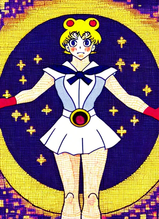 Image similar to perfectly centred portrait of sailor moon, looking in the mirror, in a business suit, futuristic, highly detailed, sharp focus, byzantine mosaic