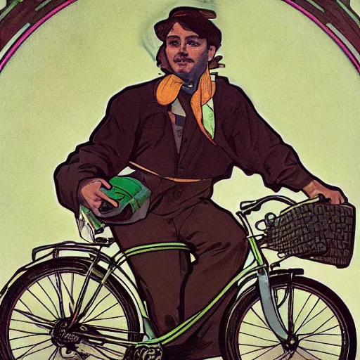 Image similar to a uber eats delivery guy with a green bag on his back, peddling his bicycle, 30mm, by alphonse mucha, artgerm, H R Giger, trending on ArtStation, deviantart, high detail, stylized portrait