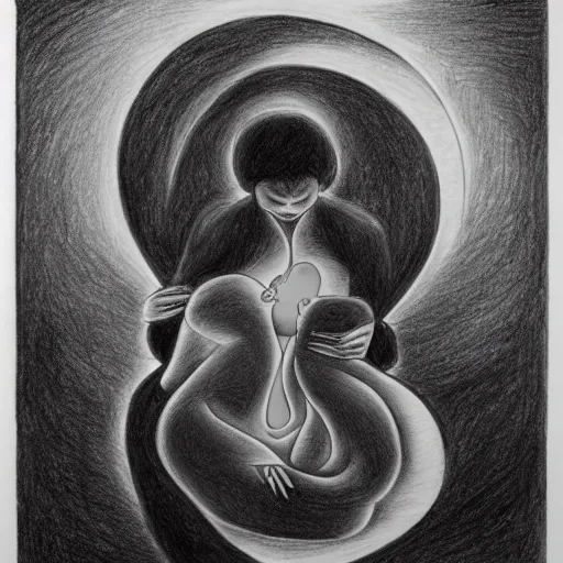Image similar to a drawing of a pregnant woman giving birth to emerging yin - yang daoist symbol emerging from womb, black and white detailed pencil drawing dao