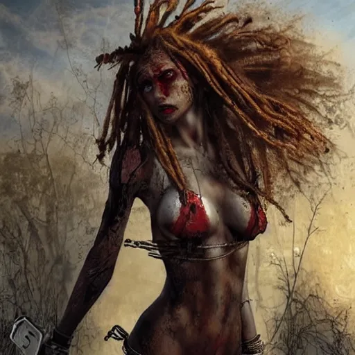 Image similar to pretty woman with red and blonde dreadlocks, standing in a ruined post apoc street, holding a spare. dramatic lighting luis royo, wlop