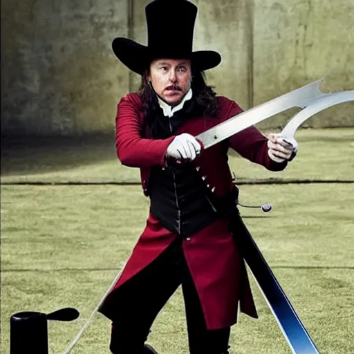 Prompt: photo of elon musk as a musketeer, he has a big black hat with a red feather and he is holding a shiny rapier sword