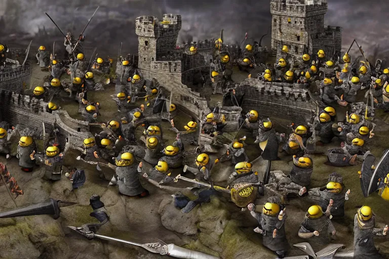 Image similar to diorama of minions fighting orcs in the battle of helm's deep, giant castle walls, realistic, 4 k, detailed