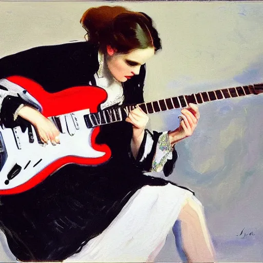 Prompt: Anna Calvi playing electric guitar, oil painting by John Singer Sargent