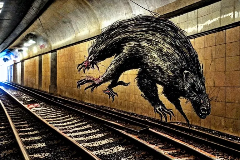 Image similar to very large giant mutant zombie irradiated ( angry rat ) staying on railways in tonnel of moscow subway. tonnel, railways, giant angry rat, furr, fangs, very realistic. extreme long shot, rusty colors, anish kapoor, ( herman nitsch, giger ).