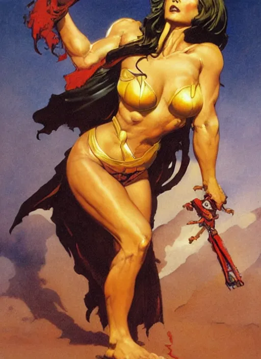 Prompt: mighty golden saint girl, strong line, deep color, beautiful! coherent! by frank frazetta, by brom, low angle