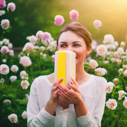 Image similar to beautiful advertising photo of a woman holding scented soap bricks up to the viewer, smiling, summer outdoors photography at sunrise, bokeh, bloom effect