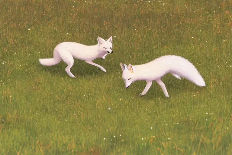 Image similar to white fox and red fox running through the meadow hill, forest on the horizont, beautiful ambiance, golden hour, studio ghibli style, by hayao miyazaki, tom moor, sharp focus, highly detailed,