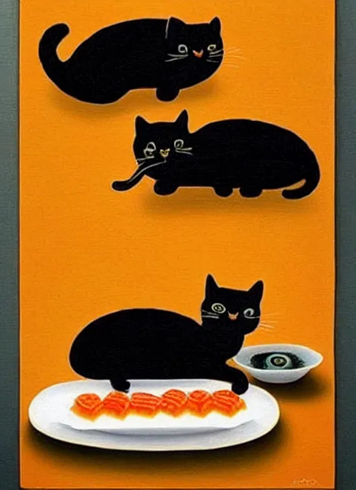 Image similar to clear surrealist painting of adorable cats made out of sushi