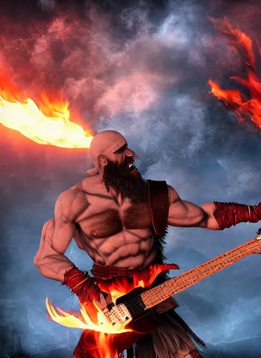 Prompt: screaming kratos rocking out on a flaming stratocaster guitar, cinematic render, god of war 2 0 1 8, playstation studios official media, lightning, flames, left eye stripe, left eye stripe, left eye stripe, left eye stripe, clear, coherent