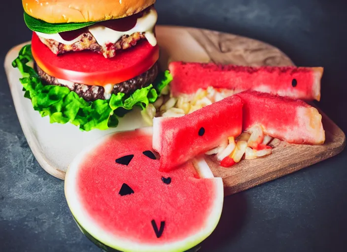 Prompt: dslr food photograph of burger with watermelon on it, 8 5 mm f 1. 8