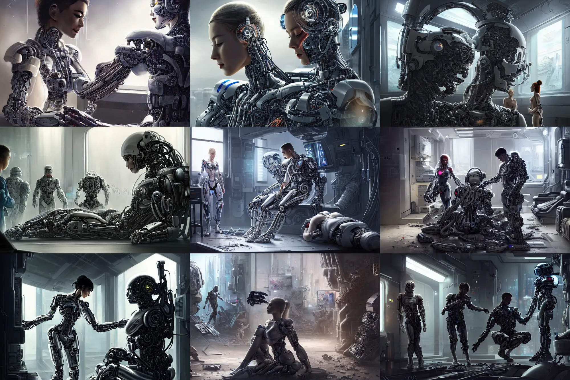 Prompt: Ultra realistic illustration, beautiful alluring damaged cyborg being put back together in an super advanced military medical bay, while a beautiful alluring astronaut soldier looks on, cyberpunk, sci-fi, fantasy, intricate, elegant, highly detailed, digital painting, artstation, concept art, smooth, sharp focus, illustration, Marvel Comics, art by Yintion J - Jiang Geping and artgerm and alphonse mucha