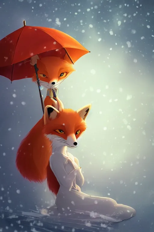 Prompt: a fox princess holding an umbrella, snow, backlighting, trending on artstation, digital art, furry art, studio ghibli