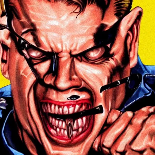 Image similar to Duke Nukem as The American Psycho, staring intensely, Duke Nukem art style, explosive background, cinematic still