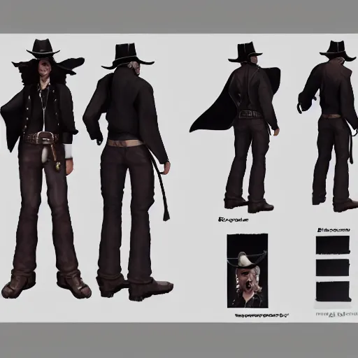 Image similar to model sheet of a wild west outlaw in a ps2 jrpg, 3d render