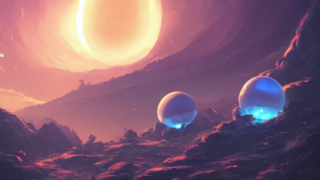 Image similar to a mysterious planet with a giant glowing blue orb at its core, by sylvain sarrailh, rossdraws, ambient light, ultra detailed, fantasy artwork, 8 k, volumetric lighting, trending on artstation, award winning, beautiful scenery, very beautiful.