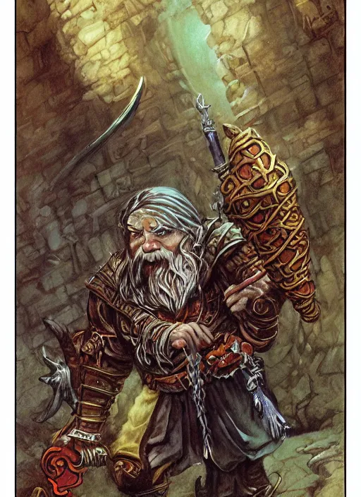 Prompt: full body of a dwarf sorcerer, beautiful! coherent! dungeons and dragons character, by brian froud, larry elmore, gerald brom, ralph horsley, wayne reynolds, strong line, deep color, chainmail, short red hair, high contrast