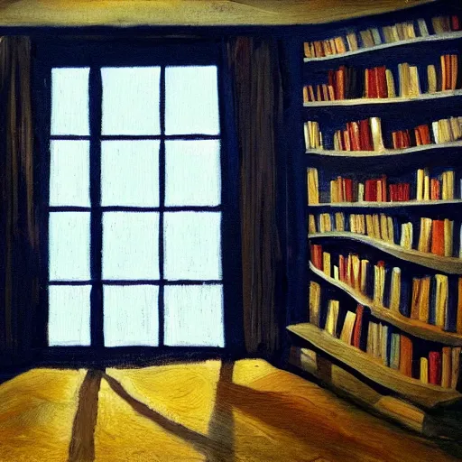 Prompt: A dark room with a TV and it’s static giving light to a couch directly across from it, a window is on the right and rain is hitting against the window, shelves are inside filled with books, a couple of empty bottles are on the ground, oil painting