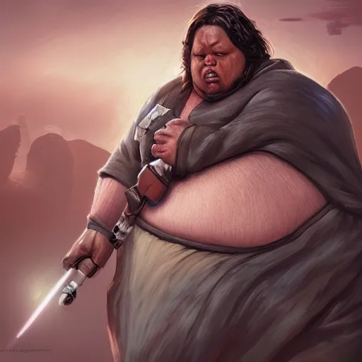 Prompt: highly detailed portrait of morbidly obese jedi fighting a sith, illustration, trending on artstation