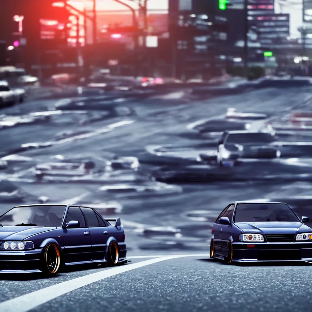 Image similar to a single car JZX100 twin turbo drift in the road, Tokyo prefecture, Japanese architecture, city sunset mist lights, cinematic lighting, photorealistic, detailed alloy wheels, highly detailed