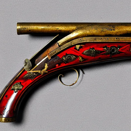 Image similar to an antique double - barreled shotgun made from glossy red - painted wood and elements of gold metalwork