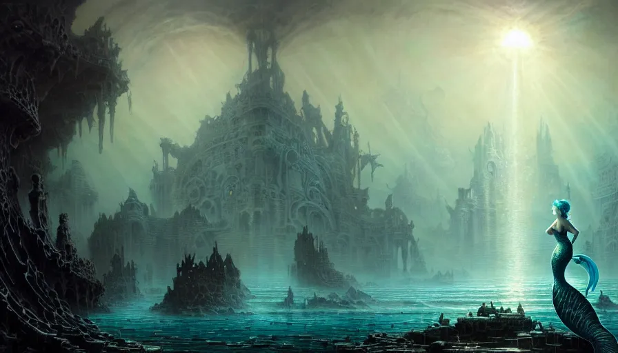 Prompt: a graceful mermaid looking at the sunken city of Atlantis under water, rays of sunlight, stunning undersea intricate detailed grand architecture in the style of Joe Fenton, art style by Greg Rutkowski and Mohrbacher, deep underwater scene, dark and moody, faint volumetric god rays, grim crushing atmosphere, trending on artstation, masterpiece, claustrophobic