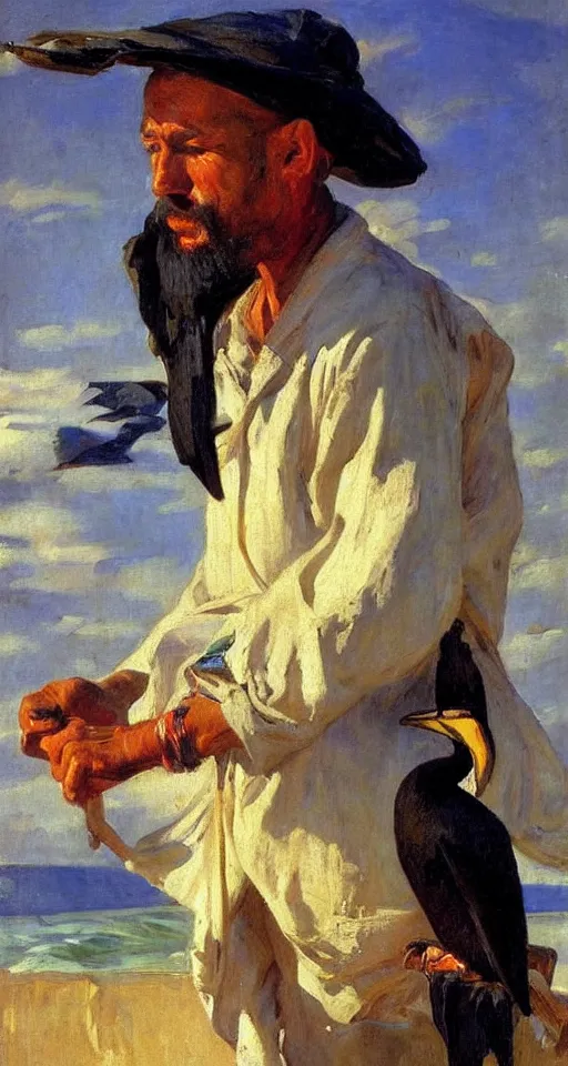 Prompt: orientalist portrait painting of a fisherman with a cormorant on his shoulder, by joaquin sorolla, in romantic style, sfumato, high detail, masterpiece