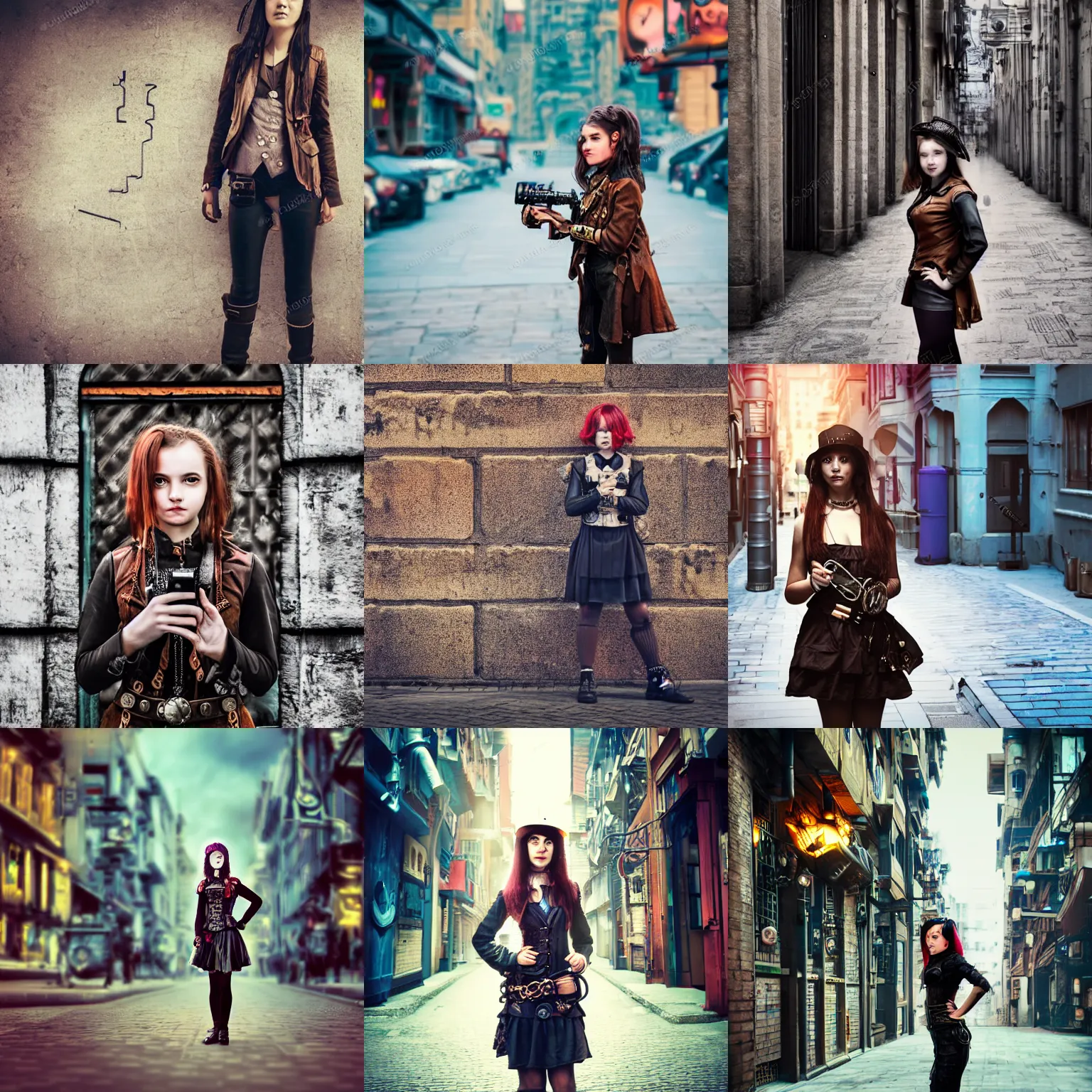 Prompt: steampunk photoreal portrait of curious cyberpunk girl standing in city street looking at camera.