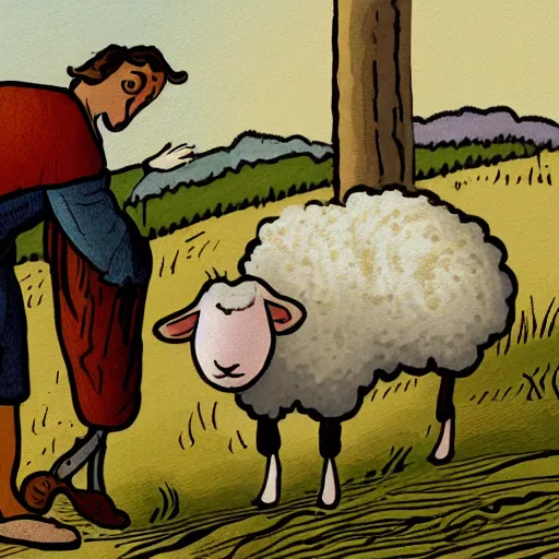 Prompt: a sheep giving a massage to a shepherd, cartoon