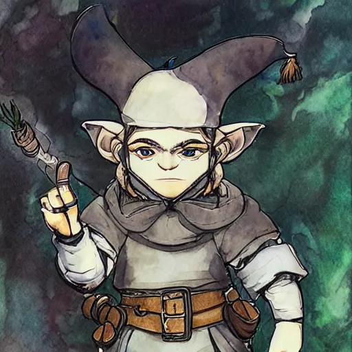 Image similar to Gnome Alchemist distilling botanicals, drawn by Yoji Shinkawa, water color, Dungeons and Dragons, Wizards of the Coast