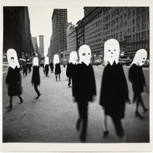 Image similar to wide-shot low-angle photo of empty!!! animated walking ghostly people (((heads))) at the street in New York, polaroid photo, by Andy Warhol, signed