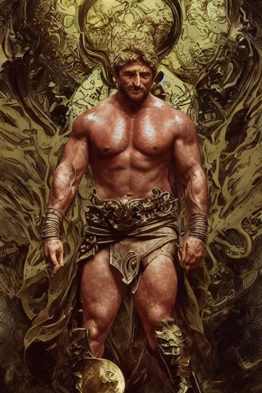 Image similar to portrait of gerard butler as a hulking herculean demon, forest, godlike, full body, fantasy, intricate, elegant, highly detailed, digital painting, artstation, concept art, sharp focus, illustration, art by artgerm and greg rutkowski and alphonse mucha