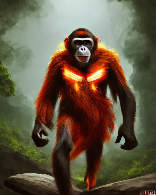 Image similar to fury art, an anthro ape monkey wearing a large cape and a fantasy armor, jungle, fiery background, 3 d, 8 k, extremely detailed, trending on furaffinity, trending on artstation, award winning, sharp focus, illustration