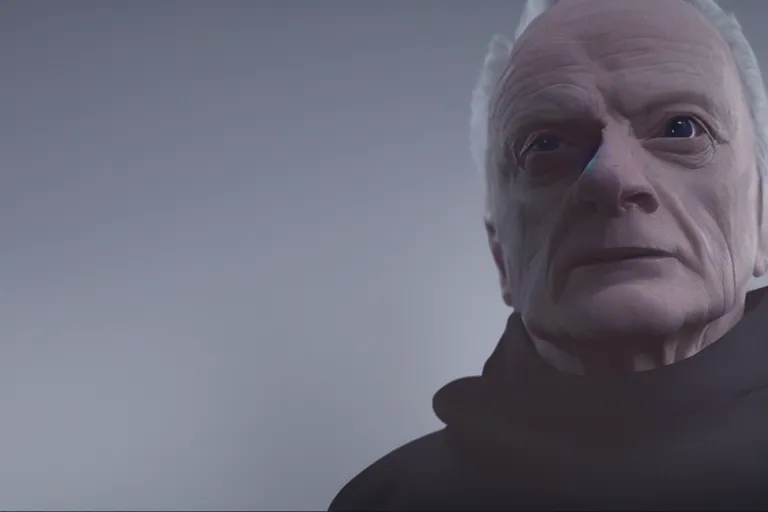 Prompt: a cinematic still of (Ian McDiarmid!!!) as palpatine, wearing sith hood, Ian McDiarmid, ((octane render, nvidia raytracing demo)), masterpiece