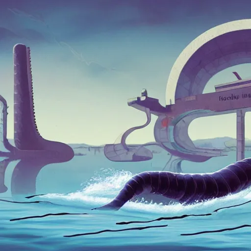 Prompt: the loch ness monster swimming through a retrofuturistic atompunk underwater city