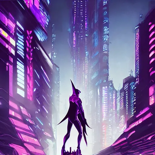 Image similar to batman beyond, cyberpunk, cityscape, purple sky, artgerm, greg rutkowski