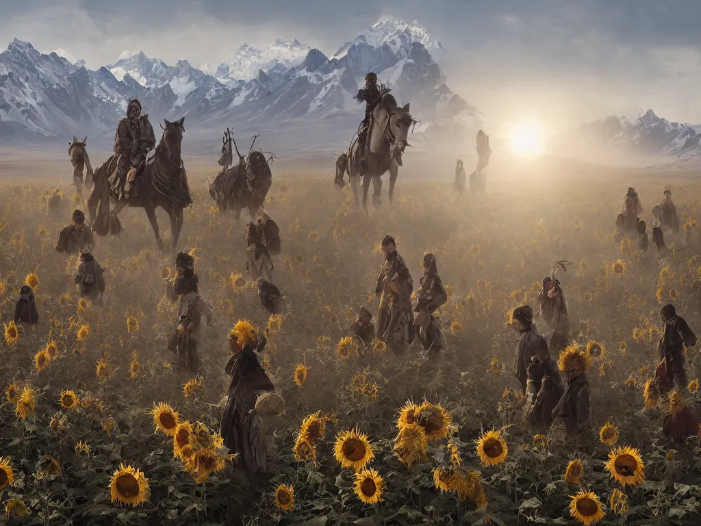 Prompt: a portrait of the mighty helianthus people, a nomadic mongolian tribe that worship the sunlight in a vast barren valley full of sunflowers that are withered dry, with glaciers peaking through fog in the distance, by Greg Rutkowski, Sung Choi, Mitchell Mohrhauser, Maciej Kuciara, Johnson Ting, Maxim Verehin, Peter Konig, Bloodborne, macro lens, 35mm, 8k photorealistic, cinematic lighting, HD, high details, atmospheric