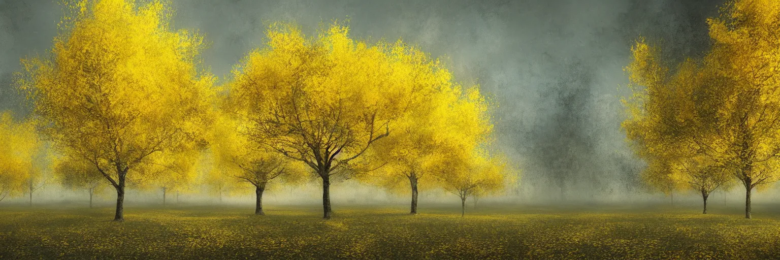 Image similar to michal karcz grunge painting of a beautiful landscape, yellow trees, detailed, elegant, intricate, 4k,