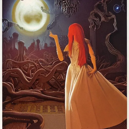 Prompt: labyrinth pan's by karel thole, by phil koch extemporaneous. a beautiful painting. she coalesces into a tall woman in a white dress, diamonds around her neck, hair carefully arranged in auburn waves, young & old at the same time.